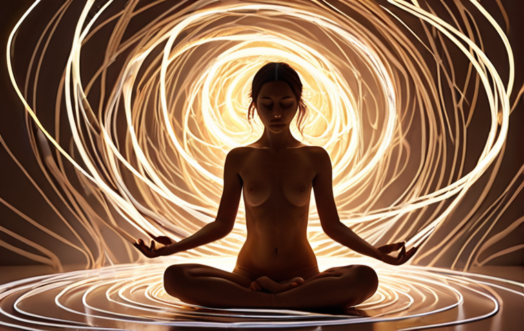 **Prompt:** A serene figure, perhaps a young woman, in a meditative or journaling pose, surrounded by abstract, glowing lines that untangle from a chaotic swirl, revealing a clear, calm inner space. The scene should evoke introspection, self-discovery, and mental clarity, bathed in soft, warm light. Digital art, dreamy, calming.