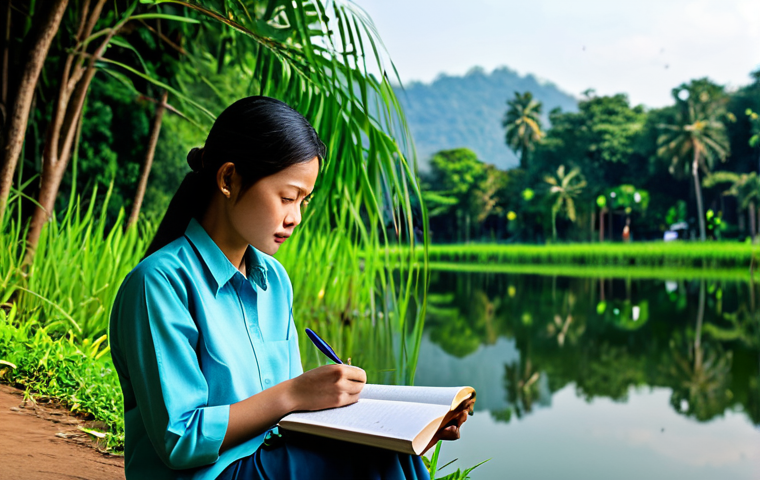 Reflective Moment**

"A professional woman, fully clothed in modest attire, sitting by a serene lake in Chiang Mai, Thailand. She is holding a journal and pen, looking thoughtfully at the water. Soft, natural lighting, lush greenery, safe for work, appropriate content, perfect anatomy, natural pose, professional photography, high quality."

**