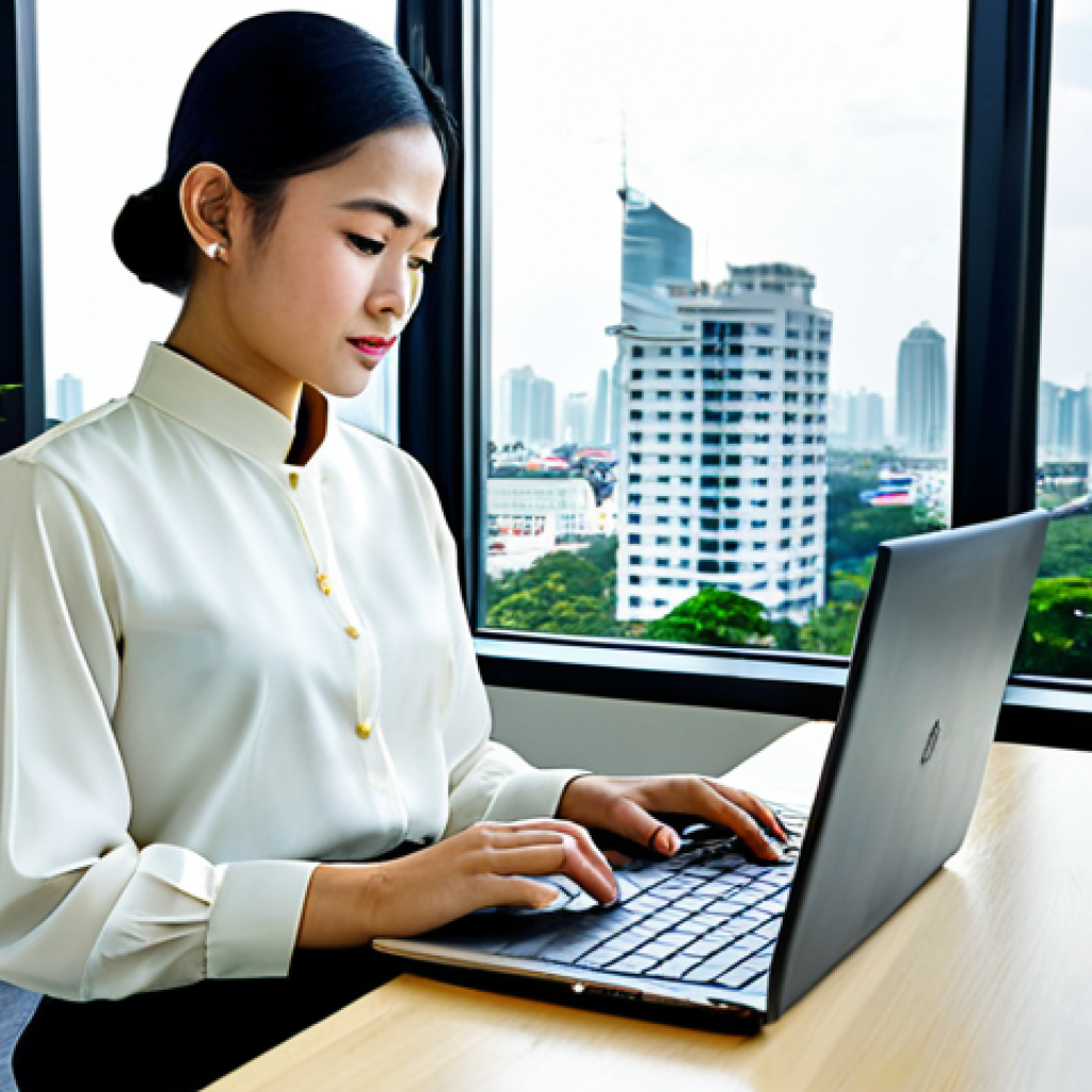 자기 성찰을 위한 스트레스 완화 기법 - Modern Thai Office**
"A young Thai businesswoman in a modest, stylish silk blouse and traditional T...