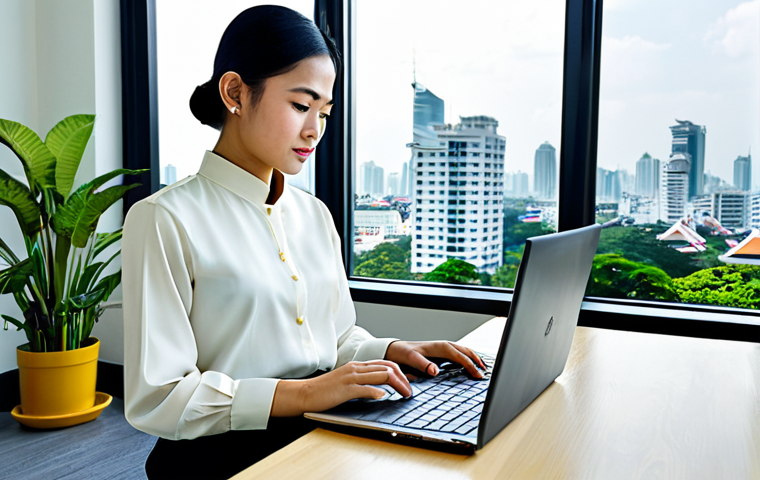 자기 성찰을 위한 스트레스 완화 기법 - Modern Thai Office**

"A young Thai businesswoman in a modest, stylish silk blouse and traditional T...