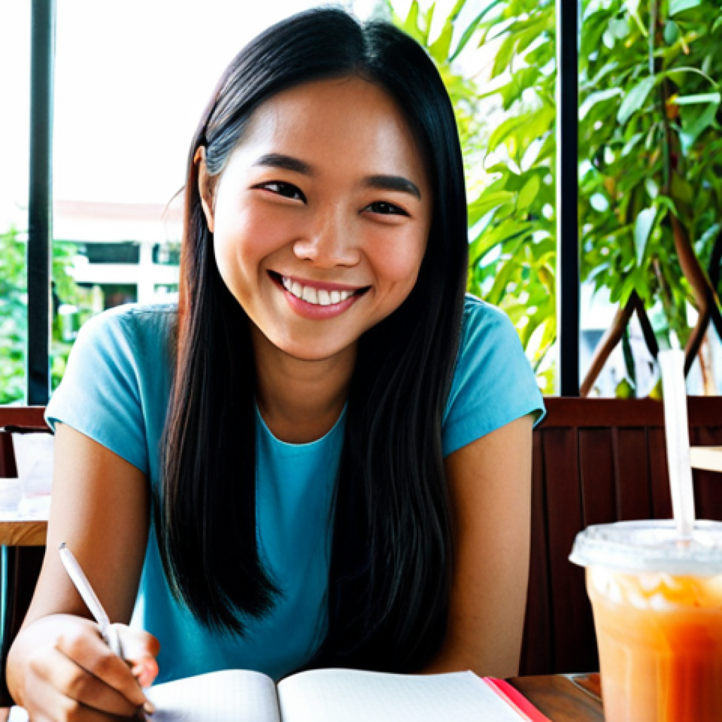 효과적인 자기 성찰 기법 5가지 - **Prompt:** A young Southeast Asian woman with a friendly smile, sitting comfortably in a cozy, sunl...