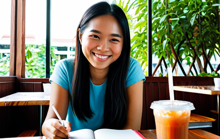 효과적인 자기 성찰 기법 5가지 - **Prompt:** A young Southeast Asian woman with a friendly smile, sitting comfortably in a cozy, sunl...