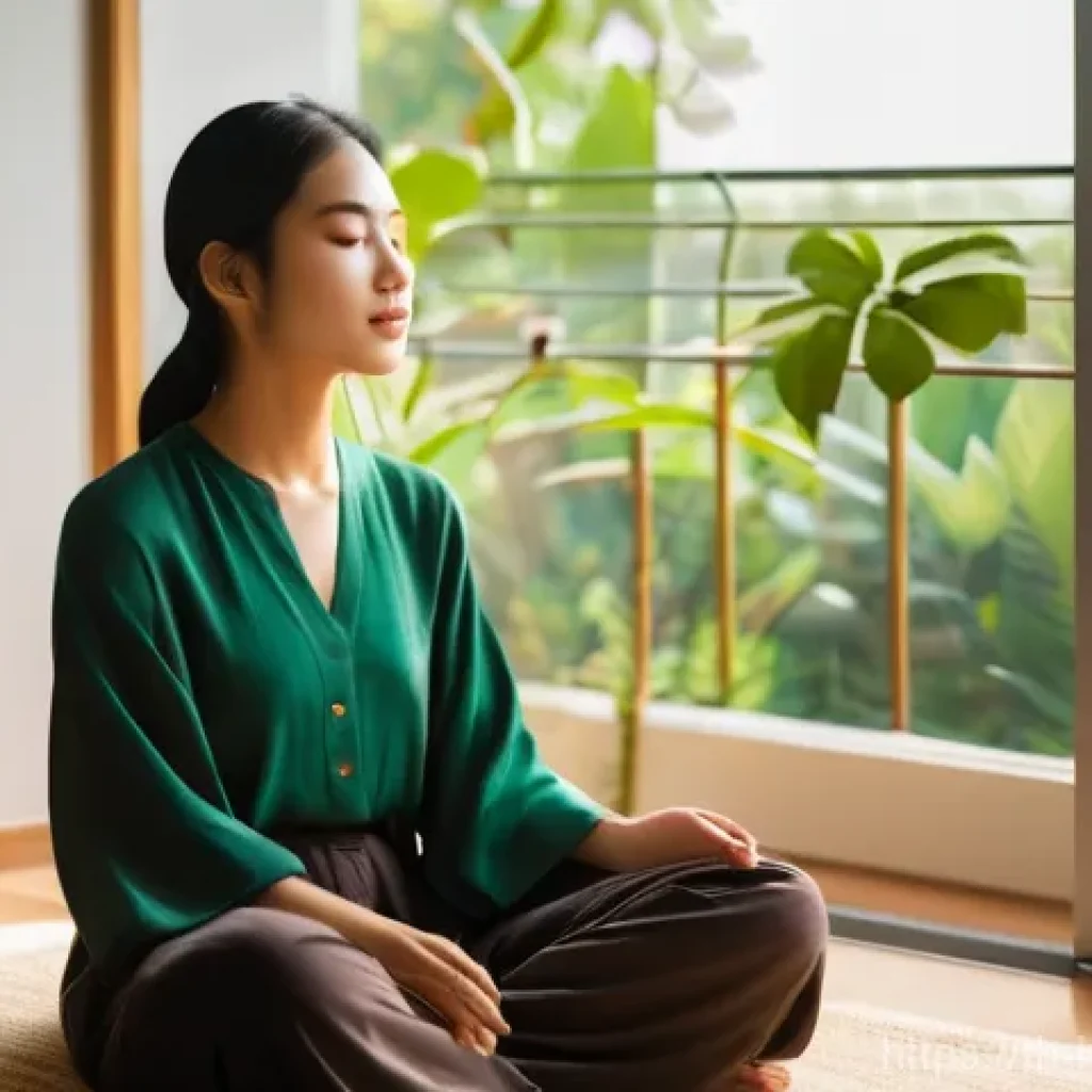 자기 성찰과 인생의 전환점 만들기 - **Prompt 1: Inner Peace and Reflection**
A young Thai woman sits peacefully in a sun-dappled, co...