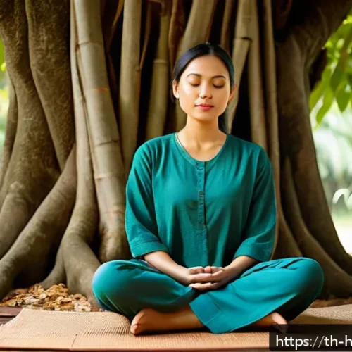 Home 33 자기 성찰을 위한 일상 속 작은 습관 - A serene, sunlit Thai garden setting with a young adult woman sitting cross-legged on a wooden floor...