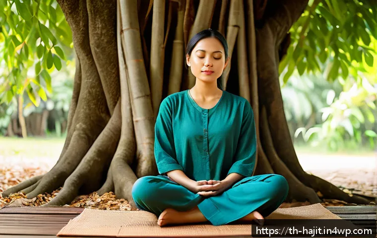 자기 성찰을 위한 일상 속 작은 습관 - A serene, sunlit Thai garden setting with a young adult woman sitting cross-legged on a wooden floor...