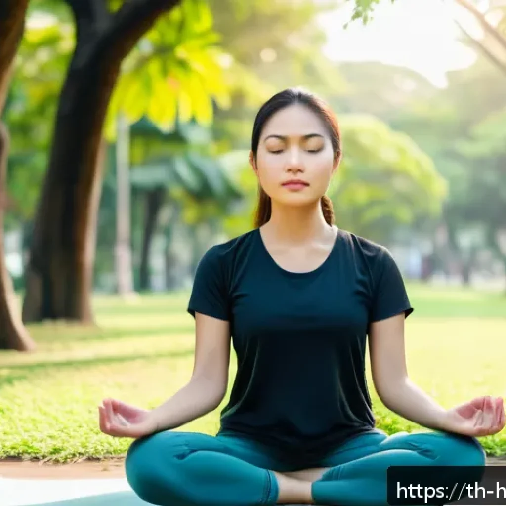 자기 성찰을 통한 인내심 기르기 - A serene scene of a young Asian woman sitting cross-legged in a peaceful urban park in Bangkok durin...