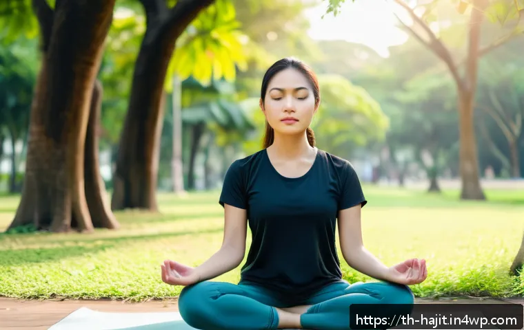 자기 성찰을 통한 인내심 기르기 - A serene scene of a young Asian woman sitting cross-legged in a peaceful urban park in Bangkok durin...