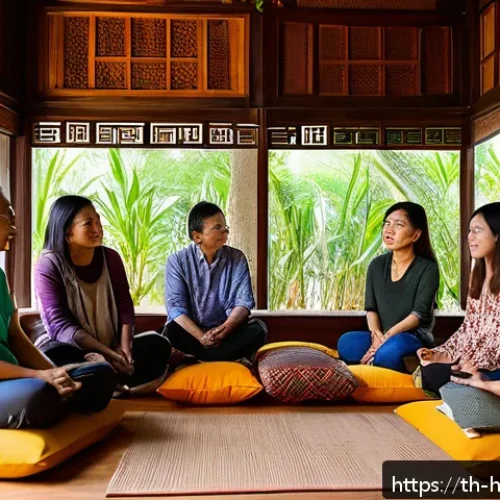 Home 31 자기 성찰을 위한 그룹 활동 아이디어 - A warm and inviting group circle of diverse Thai adults sitting cross-legged on colorful cushions in...