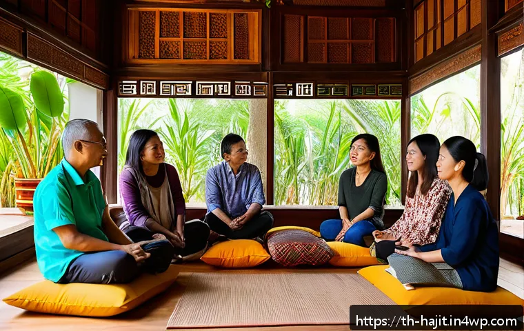 자기 성찰을 위한 그룹 활동 아이디어 - A warm and inviting group circle of diverse Thai adults sitting cross-legged on colorful cushions in...