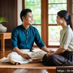 자기 성찰을 통한 관계 개선 전략 - A serene Thai couple sitting cross-legged on traditional floor cushions in a cozy living room with w...