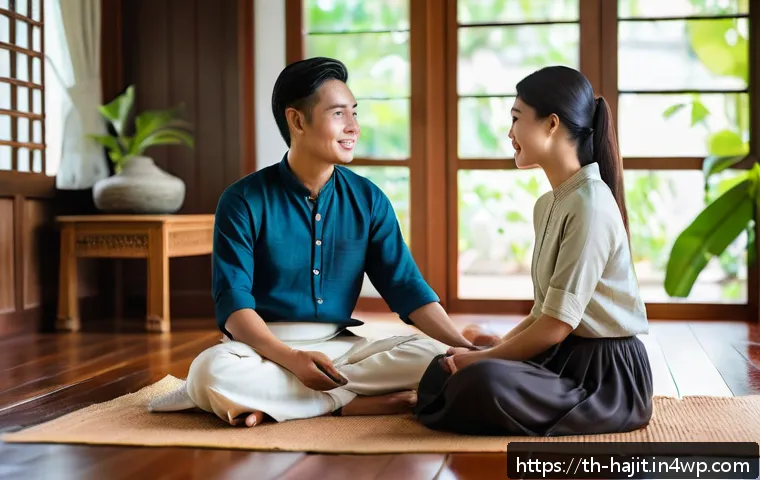자기 성찰을 통한 관계 개선 전략 - A serene Thai couple sitting cross-legged on traditional floor cushions in a cozy living room with w...