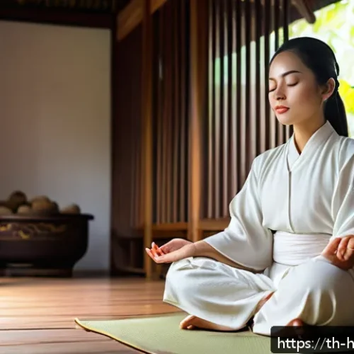 Home 29 자기 성찰과 영감의 원천 찾기 - A serene scene of a young Thai woman sitting peacefully in a traditional wooden Thai house during ea...