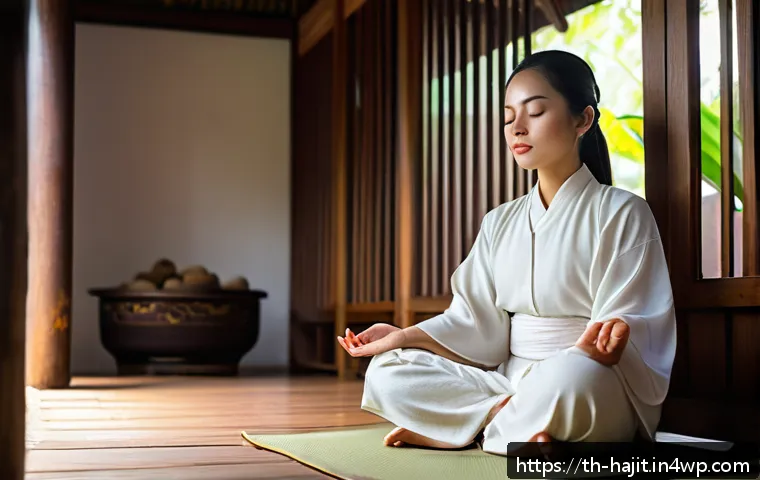 자기 성찰과 영감의 원천 찾기 - A serene scene of a young Thai woman sitting peacefully in a traditional wooden Thai house during ea...
