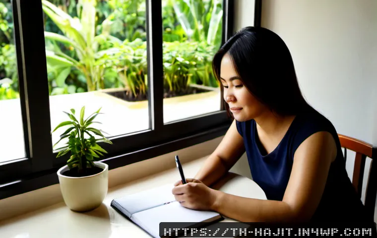 Home 17 자기 성찰을 위한 긍정적 환경 만들기 - Photorealistic Thai woman in her early 40s sitting peacefully at a tidy home desk beside a large win...