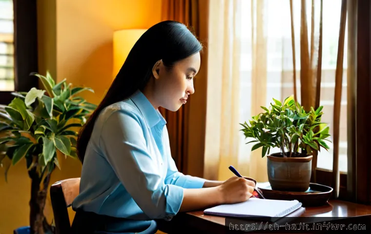 Home 17 자기 성찰의 실천을 위한 체크리스트 - Photorealistic Thai woman in her late 30s sitting calmly at a tidy wooden desk in a Bangkok apartmen...