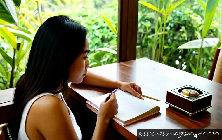 Home 17 자기 성찰의 기초부터 배우기 - Photorealistic Thai woman in her early 40s beginning a self-reflection practice at a tidy wooden des...