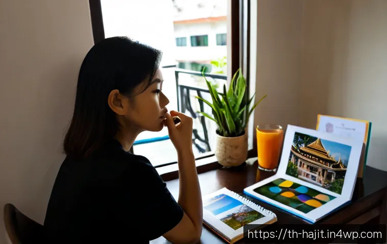 Home 25 자기 성찰과 비전 보드의 활용 - Photorealistic Thai woman in her early 40s sitting thoughtfully at a clean wooden desk in a sunlit B...